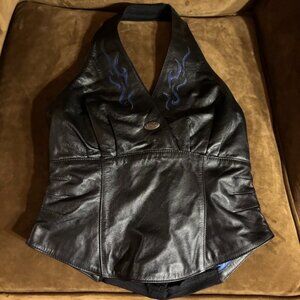 Vintage Harley Davidson Blue Flames Leather Halter Top, 32/4 W